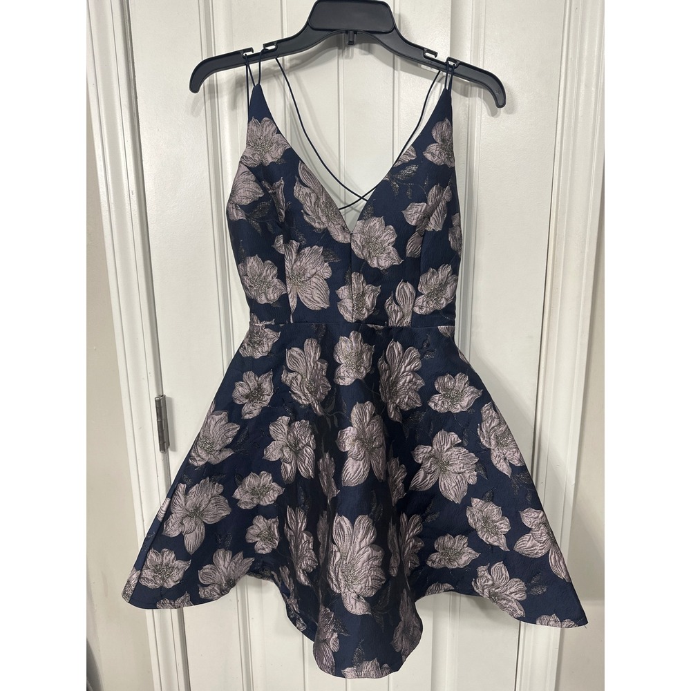 Lulus Navy Blue Floral Jacquard Mini Skater Dress Metallic Open Back Size Medium
